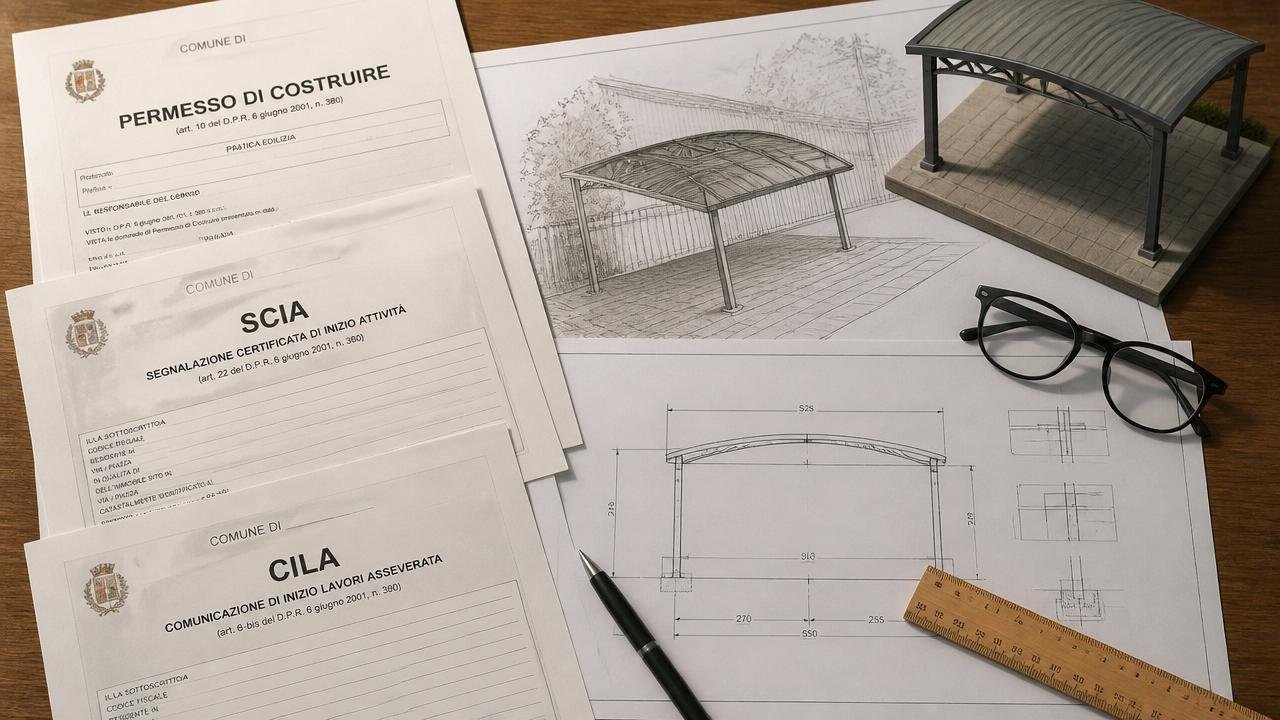 Formulaires communaux Permis de Construire, SCIA et CILA sur un bureau avec plan d'implantation d'une couverture véhicules et dessin technique coté