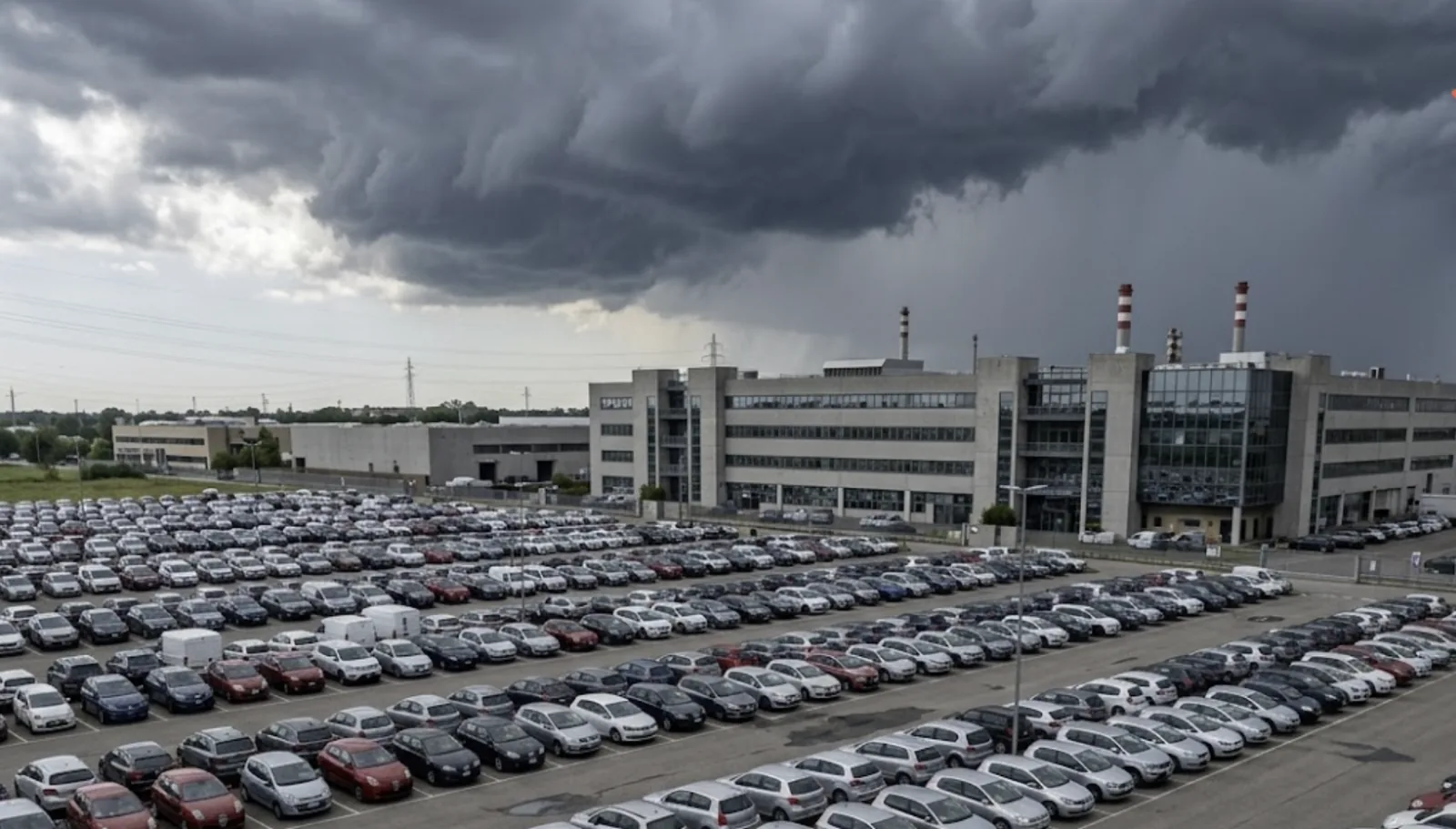 Parking d'entreprise à ciel ouvert avec une flotte de voitures exposée à un orage et des nuages menaçants de grêle au-dessus d'un établissement industriel