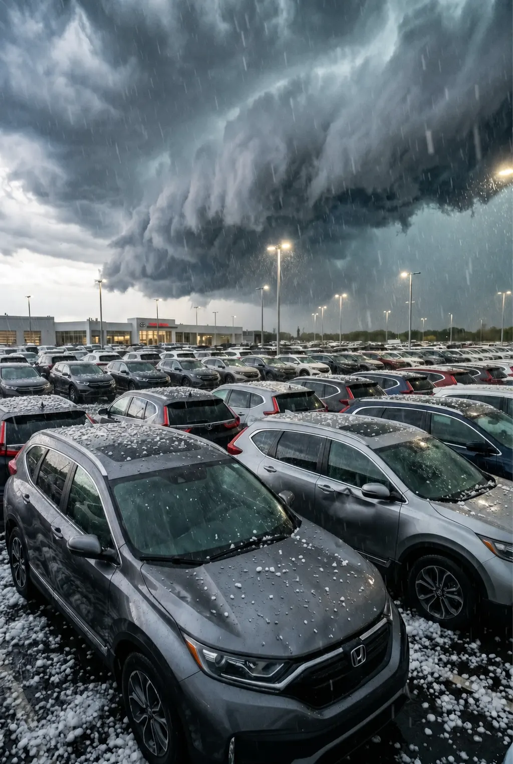Ciel orageux avec nuages menaçants au-dessus d'un parc de concessionnaire automobile